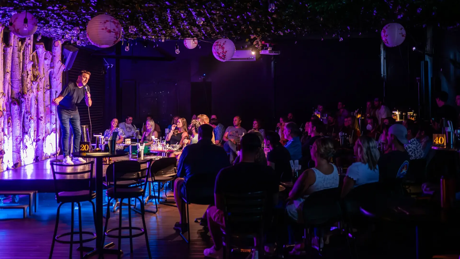 Comedian on stage before a full room of seated guests