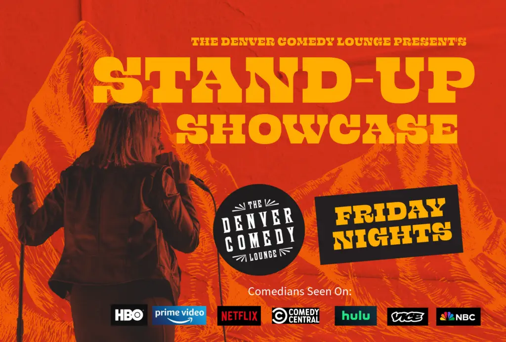 Friday night comedy stand up poster for the denver comedy lounge. Featuring a comedian performing with a red graphic of the rocky mountains in the background.