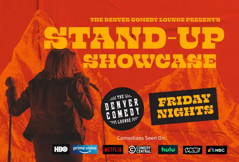 Friday night comedy stand up poster for the denver comedy lounge. Featuring a comedian performing with a red graphic of the rocky mountains in the background.