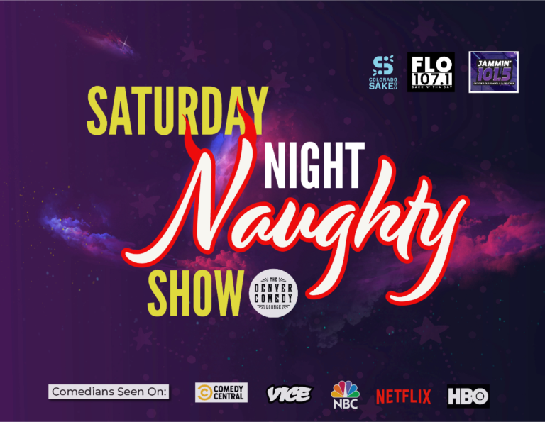 A graphic with words and a stay night background promoting comedy on Saturday Nights. On the bottom it reads that our comedians are seen on with the Logos referring to Comedy Cental, NBC, HBO and Netflix.