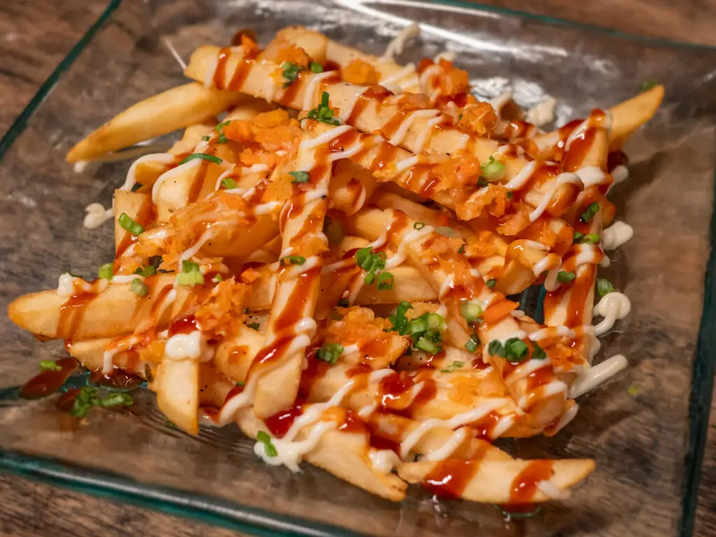 a plate of french fries with sauce and green onions