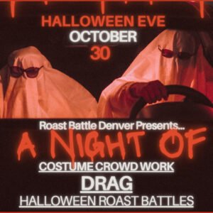 A promotional image for a Halloween Costume Comedy Show featuring to prople dressed up as ghosts using sheets over their heads while driving in the front seat of a car.