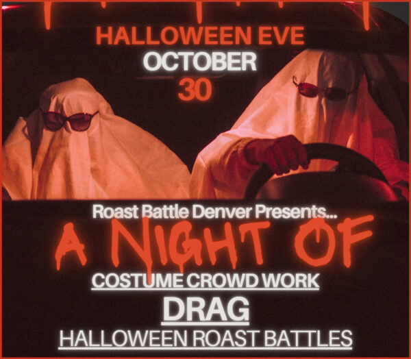 A promotional image for a Halloween Costume Comedy Show featuring to prople dressed up as ghosts using sheets over their heads while driving in the front seat of a car.