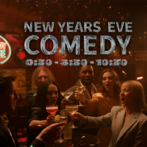 Group of diverse people celebrating and toasting with cocktails at a comedy club with New Year's Eve Comedy text overlay and Denver Comedy Lounge logo