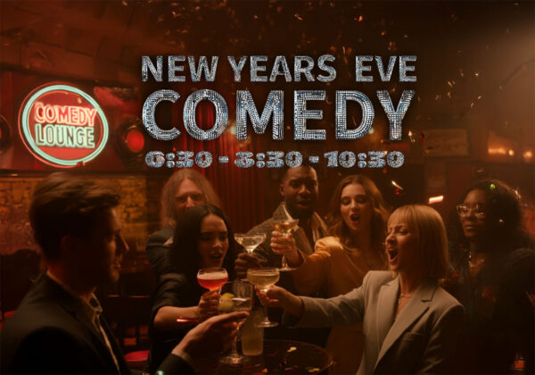 Group of diverse people celebrating and toasting with cocktails at a comedy club with New Year's Eve Comedy text overlay and Denver Comedy Lounge logo