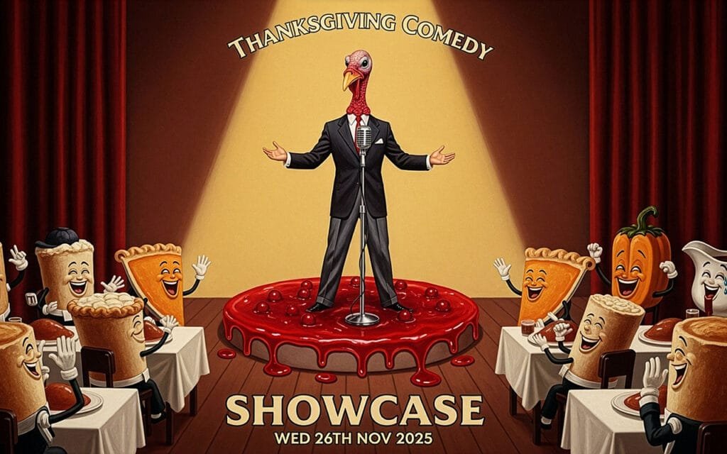 A comedy show promotional graphic. that says Thanksgiving Comedy Showcase Wed 26th of Nov. An animated image with a man with a turkey head in the center. He's dressed in a suit delivering jokes to a variety of food dishes and pies that are laughing hysterically. Alos a gravy boat.