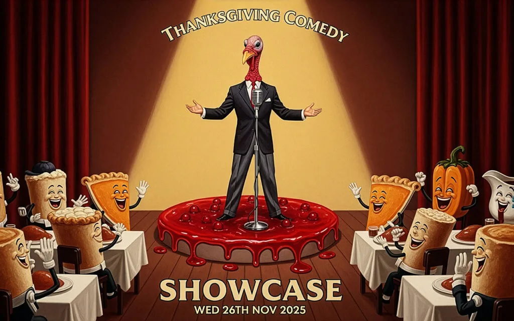 A comedy show promotional graphic. that says Thanksgiving Comedy Showcase Wed 26th of Nov. An animated image with a man with a turkey head in the center. He's dressed in a suit delivering jokes to a variety of food dishes and pies that are laughing hysterically. Alos a gravy boat.