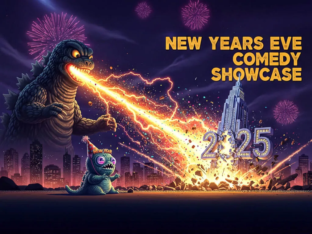 A promotional vintage animated poster style image for a New Years Eve Comedy Show at the Denver Comedy Lounge. A Godzilla like creature shoots a particle beam from his mout destroying a deco style skyscraper with the words 2025 on it.