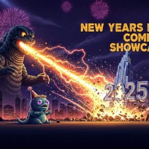 A promotional vintage animated poster style image for a New Years Eve Comedy Show at the Denver Comedy Lounge. A Godzilla like creature shoots a particle beam from his mout destroying a deco style skyscraper with the words 2025 on it.