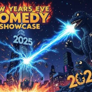 A promotional vintage animated poster style image for a New Years Eve Comedy Show at the Denver Comedy Lounge. A Godzilla like creature shoots a particle beam from his mout destroying a deco style skyscraper with the words 2025 on it.