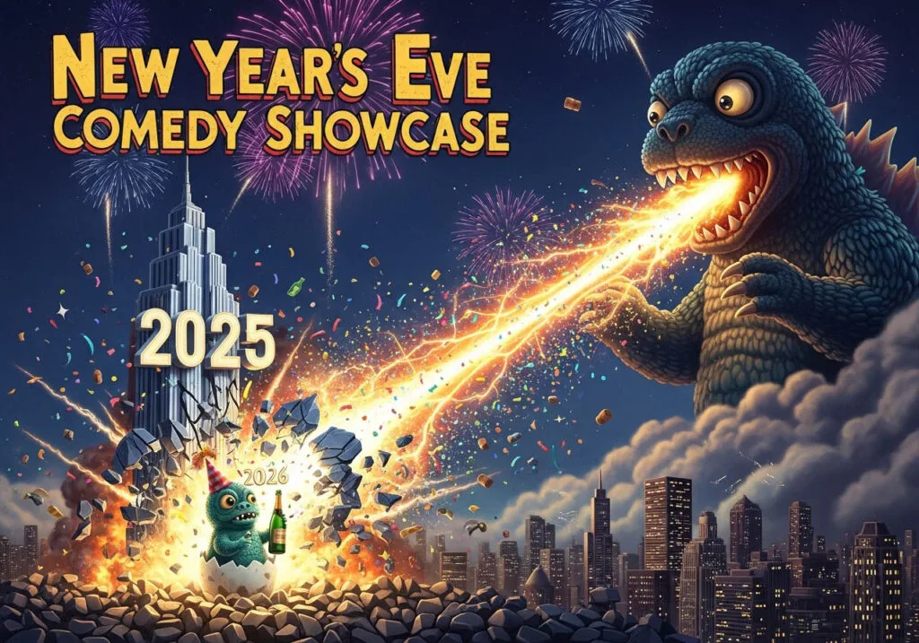 A promotional vintage animated poster style image for a New Years Eve Comedy Show at the Denver Comedy Lounge. A Godzilla like creature shoots a particle beam from his mout destroying a deco style skyscraper with the words 2025 on it.