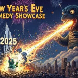A promotional vintage animated poster style image for a New Years Eve Comedy Show at the Denver Comedy Lounge. A Godzilla like creature shoots a particle beam from his mout destroying a deco style skyscraper with the words 2025 on it.