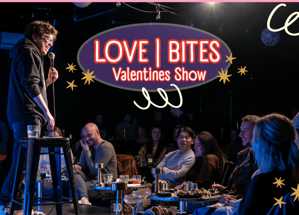 A graphic for the Love Bites Valentines Show on valentines day at the Denver Comedy Lounge. Patrons at the club eat and laugh as a male comedian in a black hoopie cracks jokes.